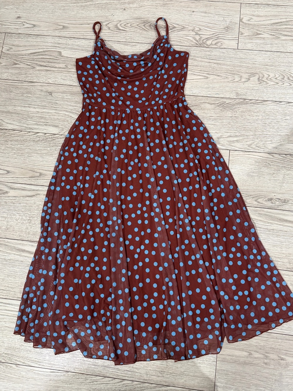 NWOT brown and blue polka-dot spaghetti-strap maxi dress